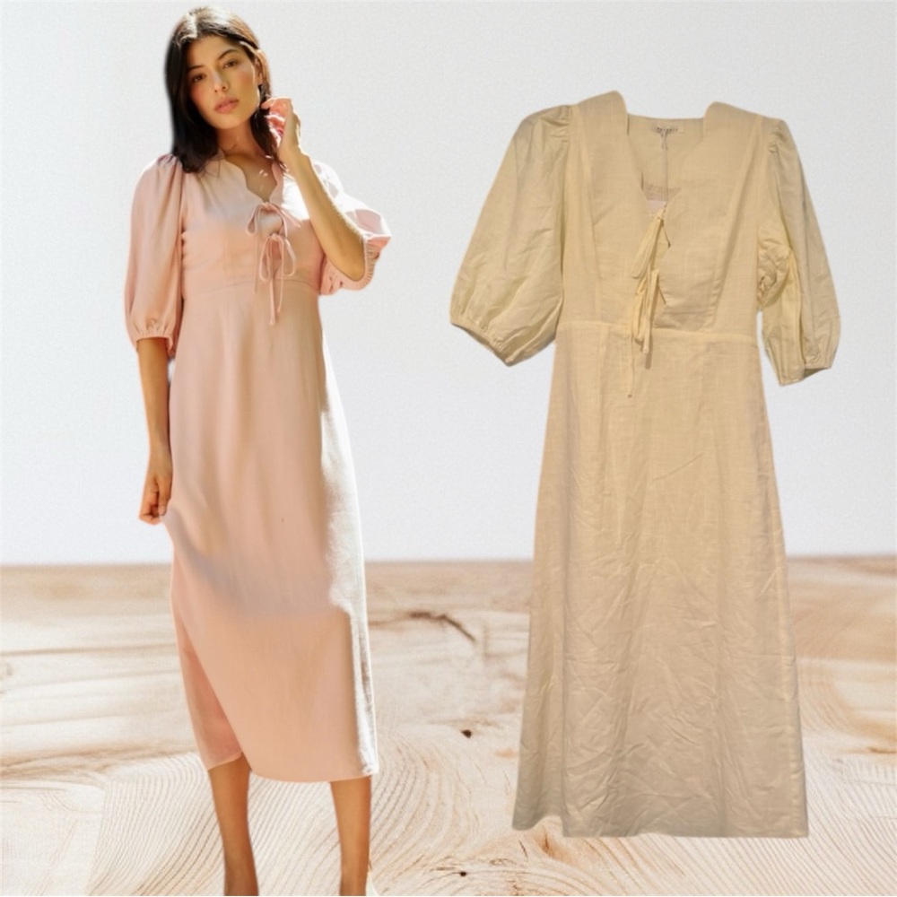 Butter Yellow Scallop Tie Front Midi Dress by Baevely- New with Tags